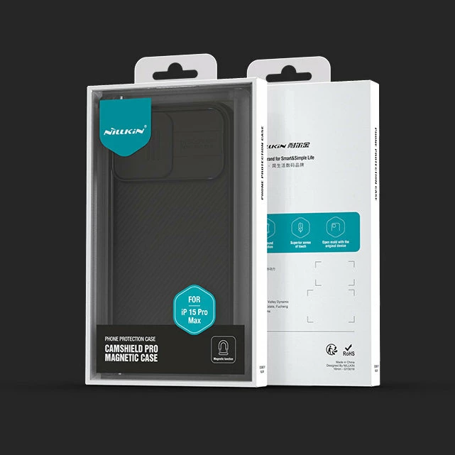 Ovitek za telefon z drsnim pokrovom kamere, združljiv z MagSafe za iPhone 15 Plus - Nillkin CamShield Pro Magnetic, črn