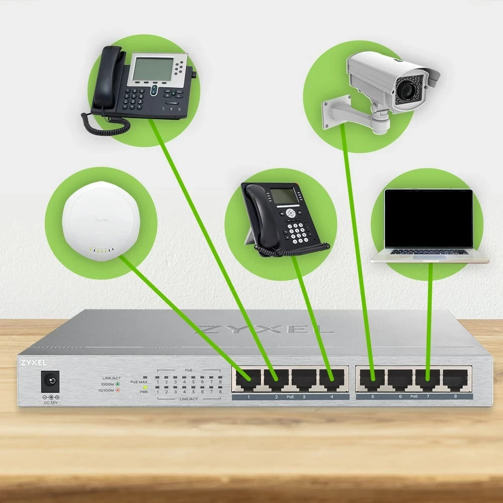 Nepremični Gigabit Ethernet PoE preklopnik Zyxel GS1008HP, siv