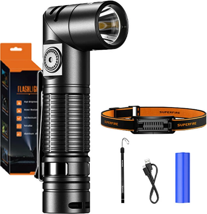 Večnamenska ročna svetilka Superfire G19-S, LED, 800 mAh, USB-C, črna, z naglavnim trakom
