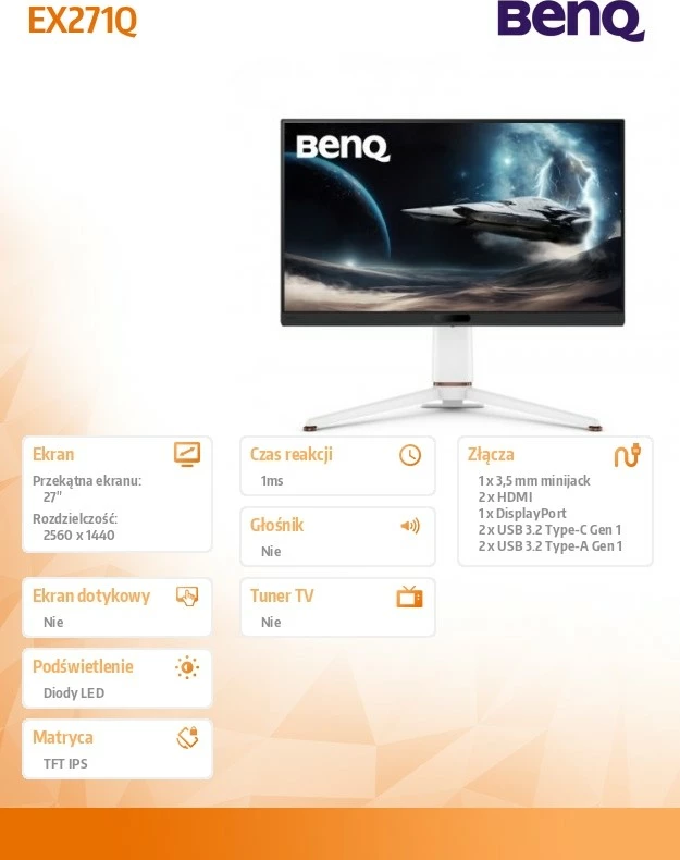 Gaming monitor 27" 2K 180Hz IPS, BenQ EX271Q, bel/črn