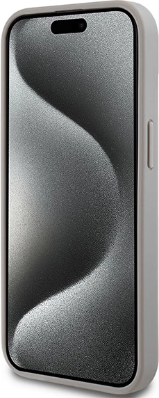 Ovitek za telefon Mono Stripe z metalnim logotipom DKNY za iPhone 15 Plus / 14 Plus, bež