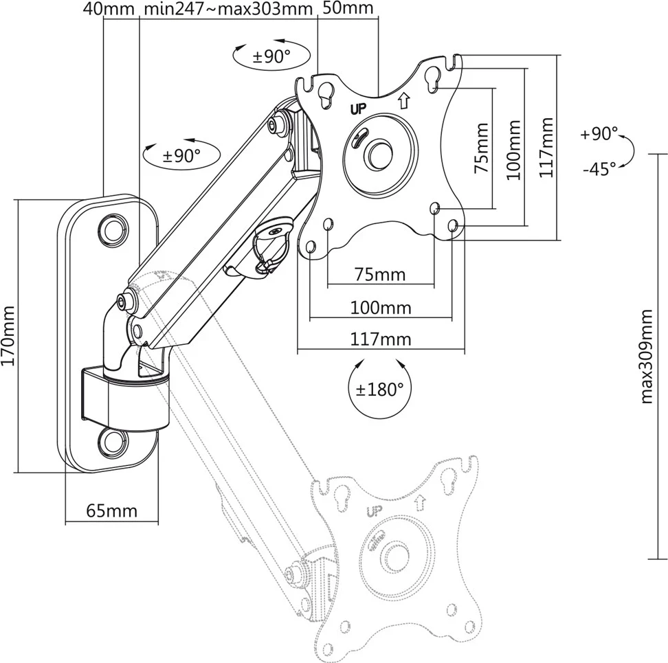 Nastavek za monitor z plinsko vzmetjo Maclean MC-458, 17–27 in, črn