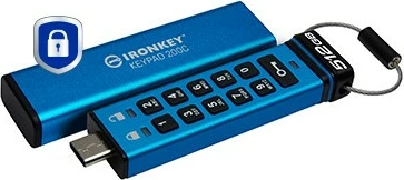 USB ključek zZ varnostno tipkovnico 512 GB, Kingston IronKey Keypad 200C, USB-C, moder