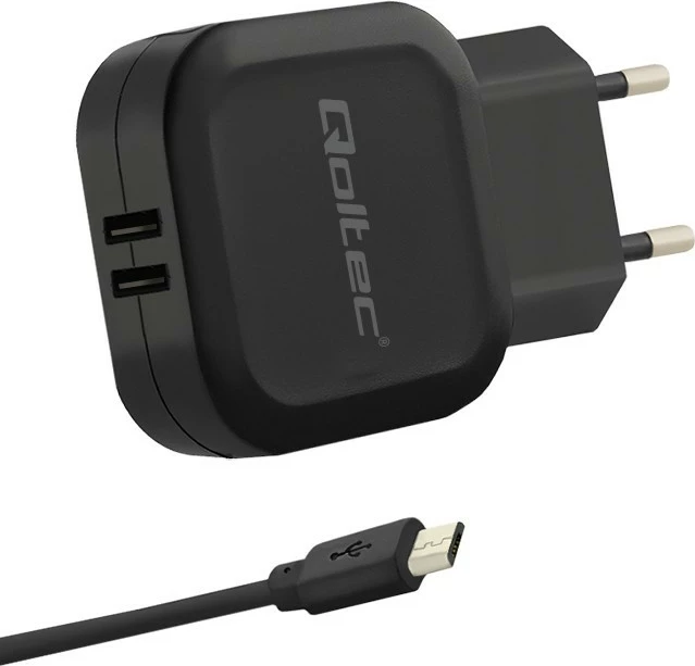 Stenski polnilec, 17 W, 5 V, 3.4 A, 2x USB + Micro USB kabel, Qoltec 50187, črn