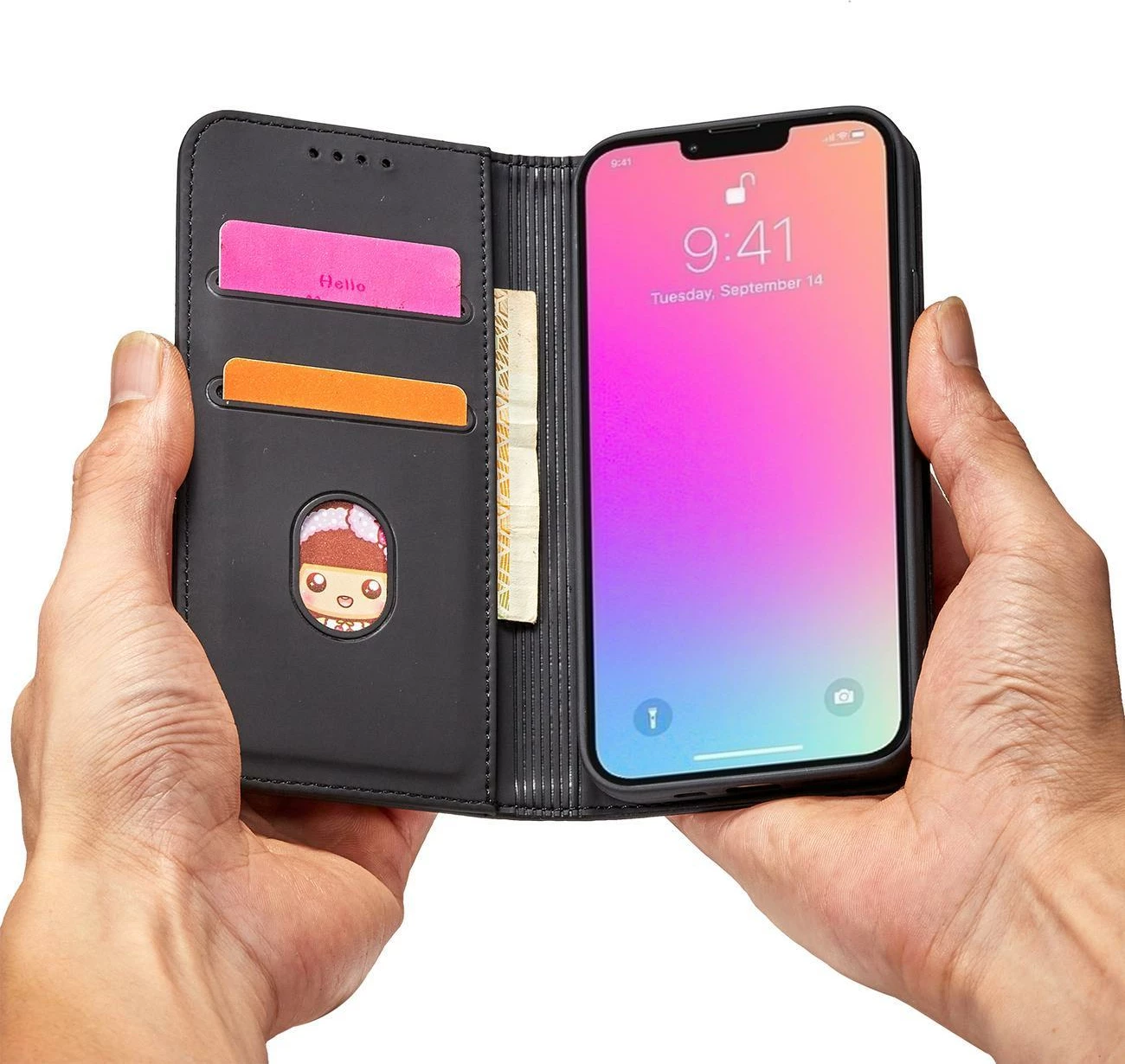 Ovitek za telefon z magnetno denarnico in nosilcem Hurtel Magnet Card Case za iPhone 13 Pro, črn