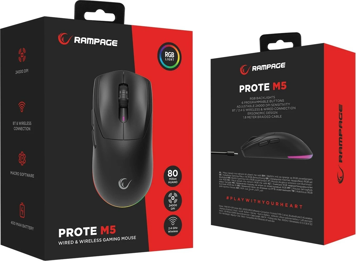 Gaming miš Rampage Prote M5, 24000 DPI, RGB LED, 1 kHz, črn