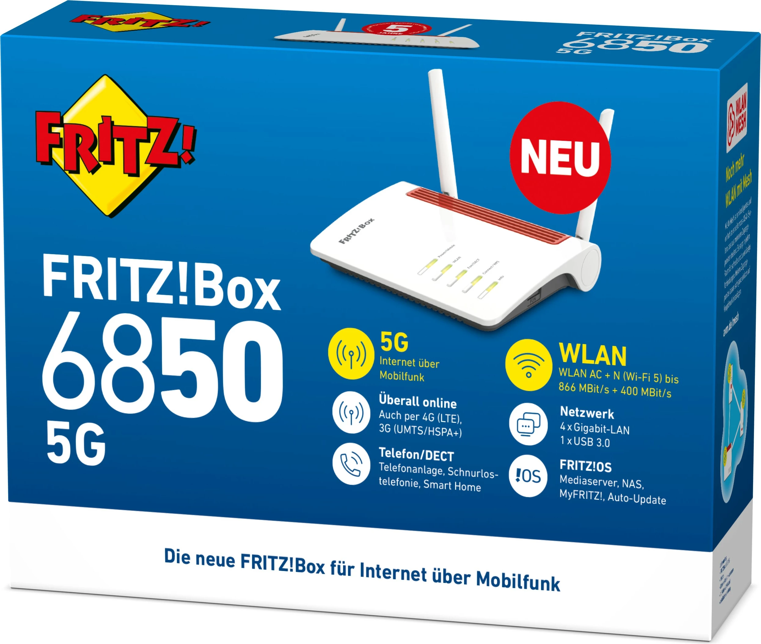Namizni usmerjevalnik FRITZ!Box 6850 5G, Wi‑Fi 5 (802.11ac), dvopasovni (2,4 GHz / 5 GHz), Ethernet LAN, 3G, črn/rdeč/bel
