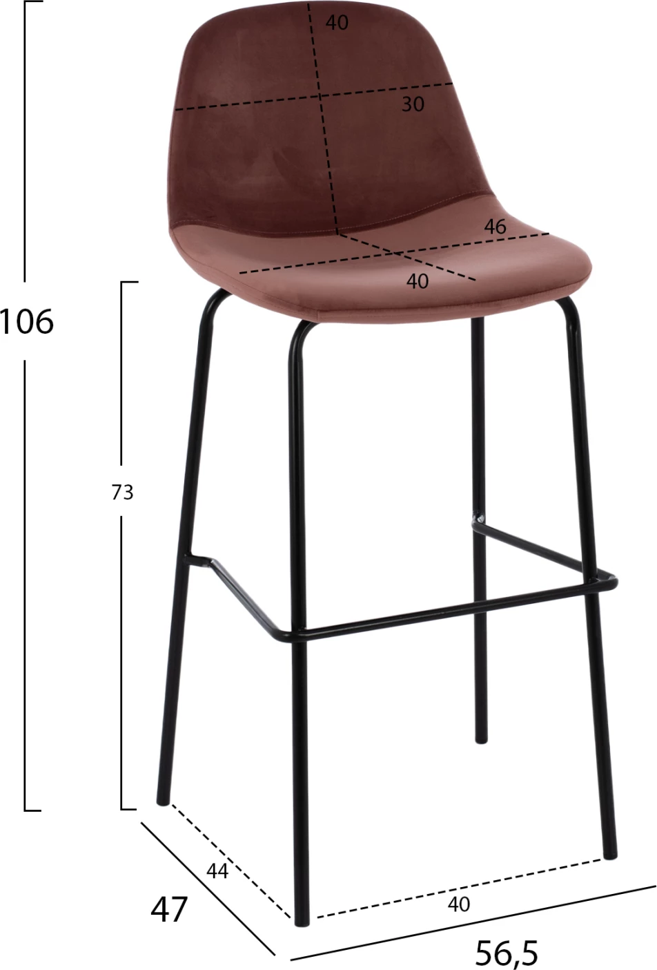 VINCENT stol iz žameta v prašno roza barvi in kovinskem okvirju FH8579.12 56,5Χ47Χ106 cm, set 4 kosov