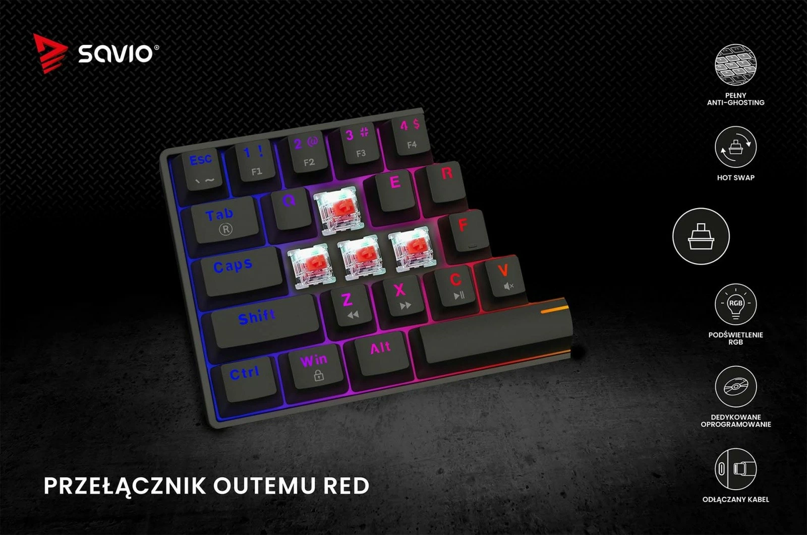 Mehanična tipkovnica 60% z ARGB osvetlitvijo, Savio Blackout X2, OUTEMU Red, črna