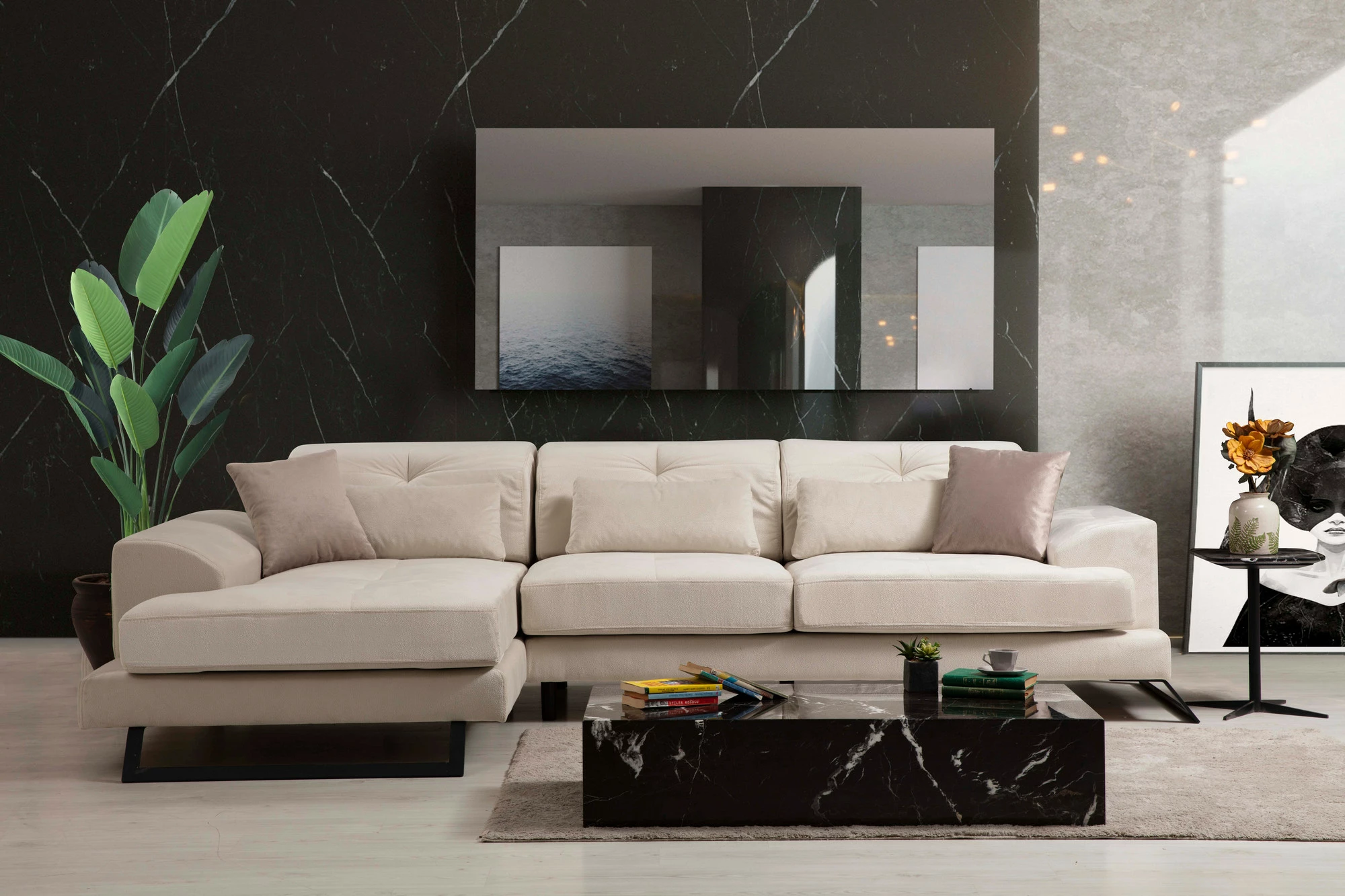 Kotni kavč, levi kot, ecru, 5 blazin Frido