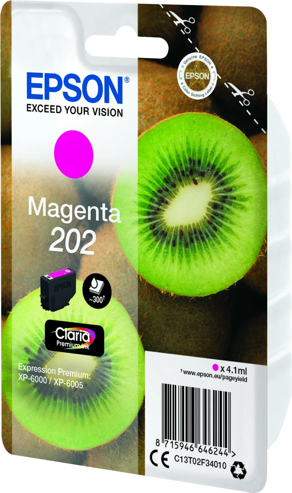 Črnilo magenta, standardna zmogljivost, 4,1 ml — Epson Claria Premium 202 (Singlepack Kiwi)