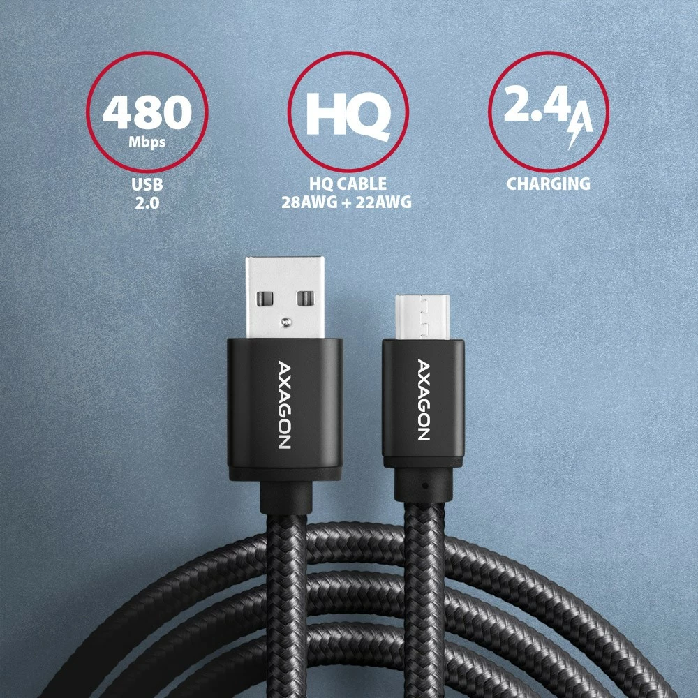 Micro USB kabel za hitro polnjenje in prenos podatkov AXAGON BUMM-AM15AB, 1,5 m, USB 2.0, 2,4 A, črn