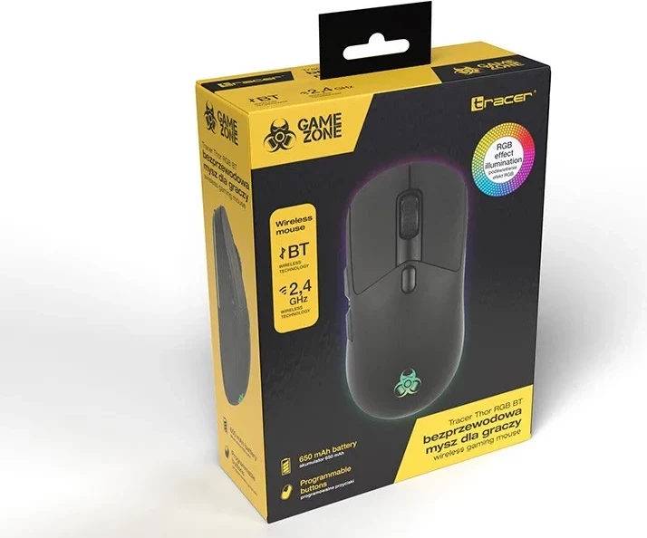 Brezžični igralni miš GameZone THOR RGB, 10.000 DPI, črn