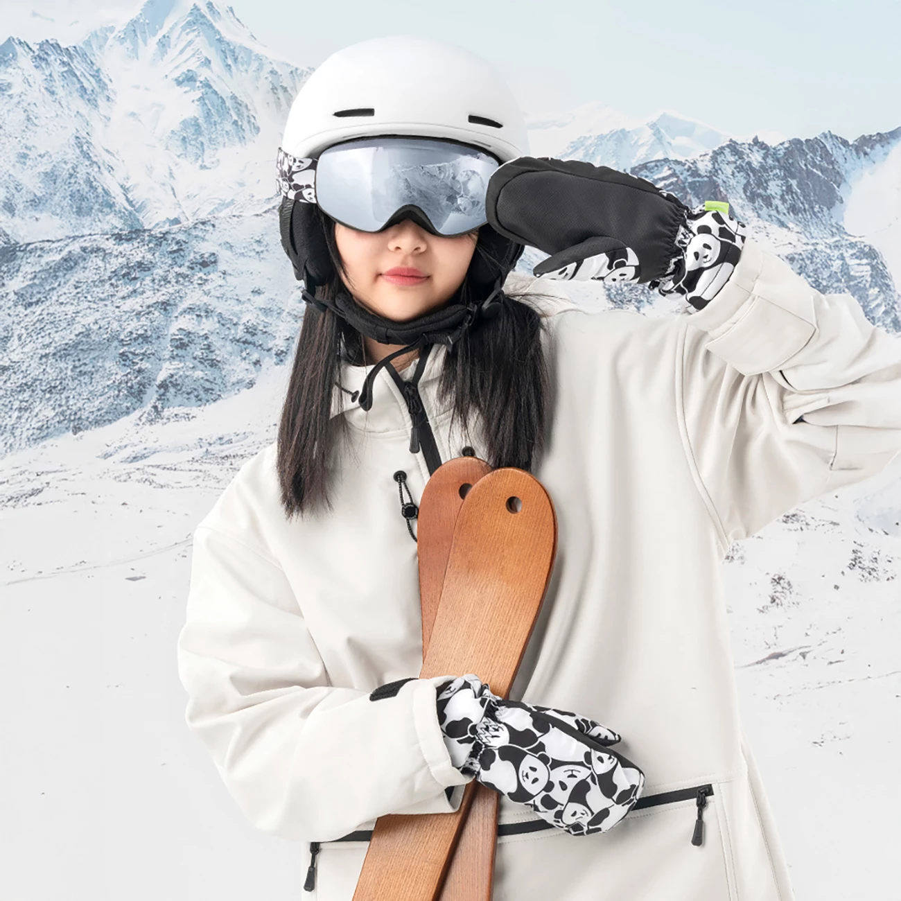 Otroške smučarske rokavice Qunature Panda Heat Transfer, S, črno/belo