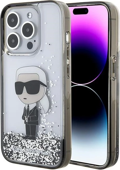 Ovitek za telefon Ikonični tekoči bleščice za iPhone 15 Pro, prozoren, Karl Lagerfeld