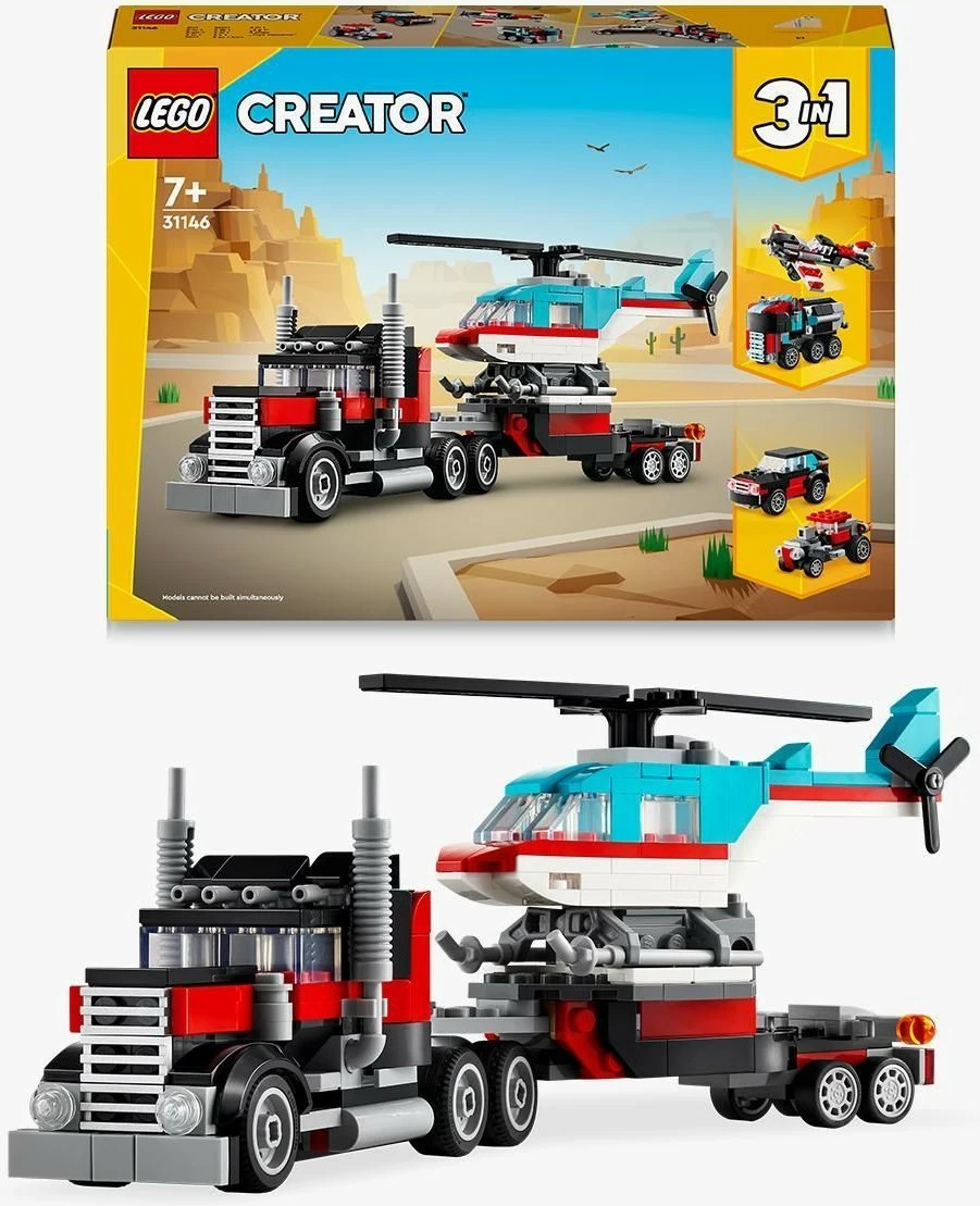 Set za gradnjo LEGO Creator 3 v 1, tovornjak s platformo in helikopter, 270 kosov, večbarven