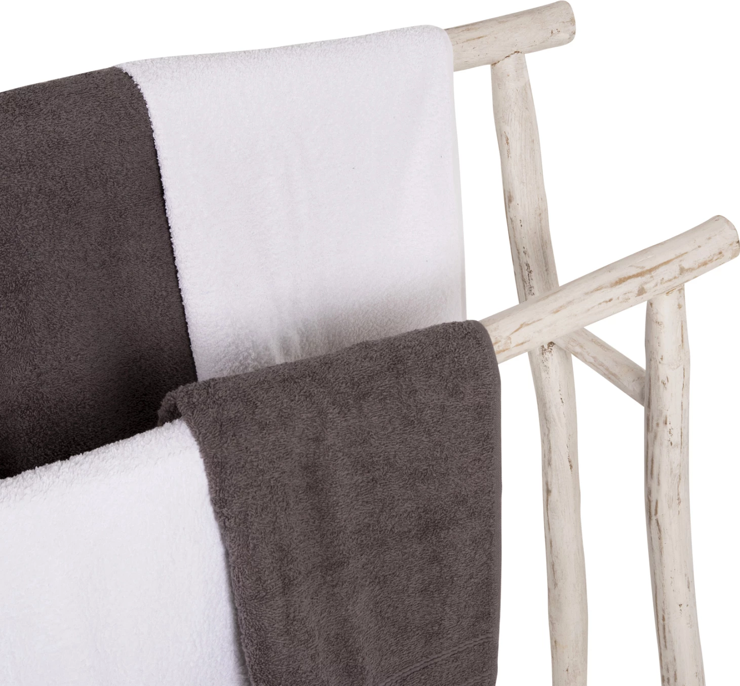 Obešalnik za brisače iz vej TEAK v beli patini 90x28x77-91Hcm