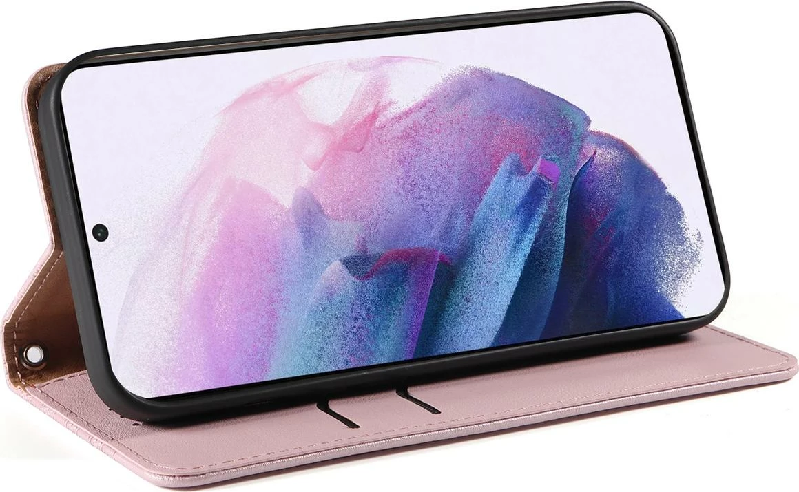 Ovitek za Samsung Galaxy S22+ z magnetnim trakom, denarnico in zapestnim trakom, Hurtel, roza