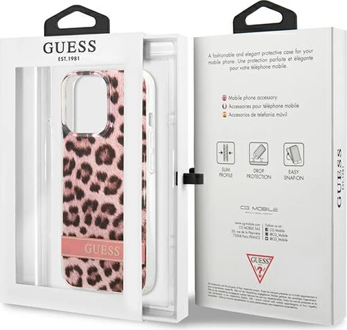 Ovitek z motivom leoparda Guess GUHCP13LHSLEOP za iPhone 13/13 Pro 6,1", trdo ohišje, rožnat