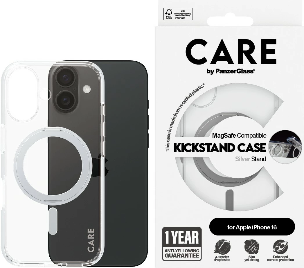 Prozoren zaščitni ovoj PanzerGlass CARE Case, MagSAFE, srebrna stojalka, za iPhone 16