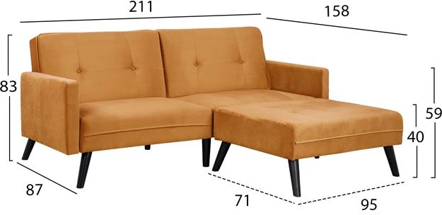 Kotni kavč postelja Livia FH3151.09 žamet zlata z nožnim korakom 211x158x83cm