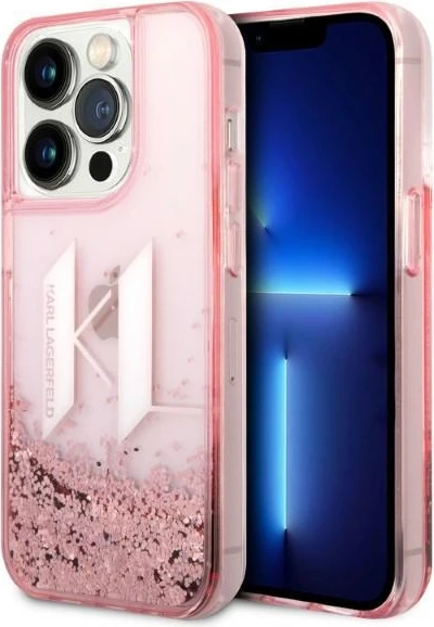 Zaščitni etui z bleščicami v tekočini, Karl Lagerfeld Liquid Glitter Big KL za iPhone 14 Pro 6.1", roza