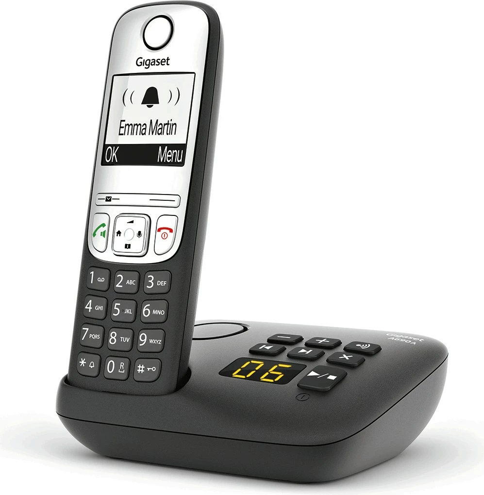 Brezžični stacionarni telefon z avtomatskim snemalnikom Gigaset A690A, imenik 100 stikov, črn
