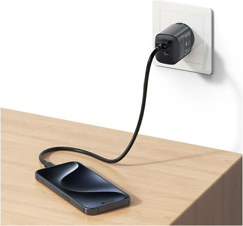 Stenski polnilec GaN 45 W, USAMS CC290 T66 (USA001666), 1x USB-C + 1x USB-A, PD/QC, črn