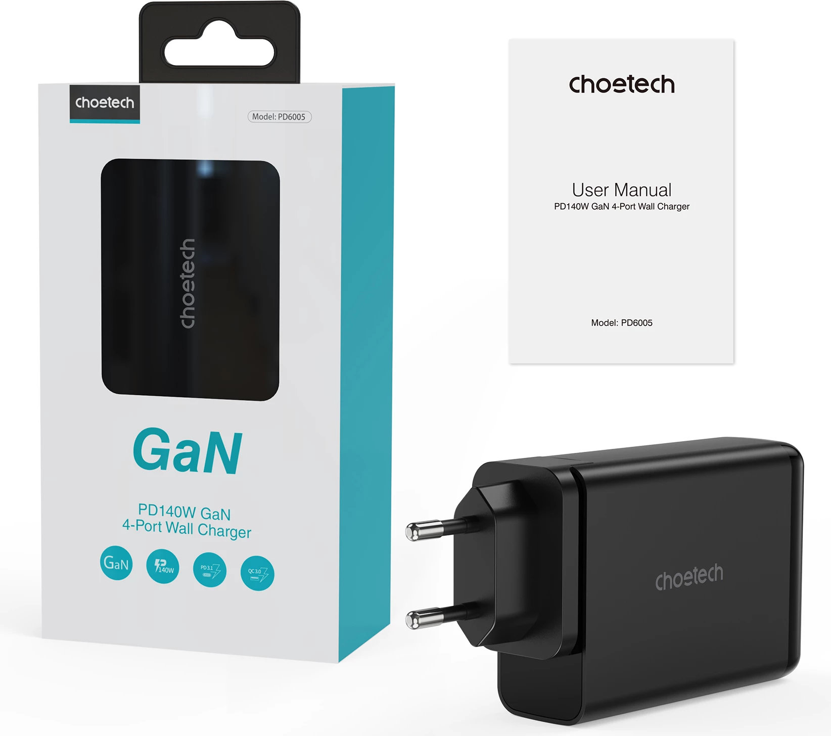 Stenski polnilec Choetech PD6005, 140 W, 4 vrata (2x USB-C, 2x USB), črn