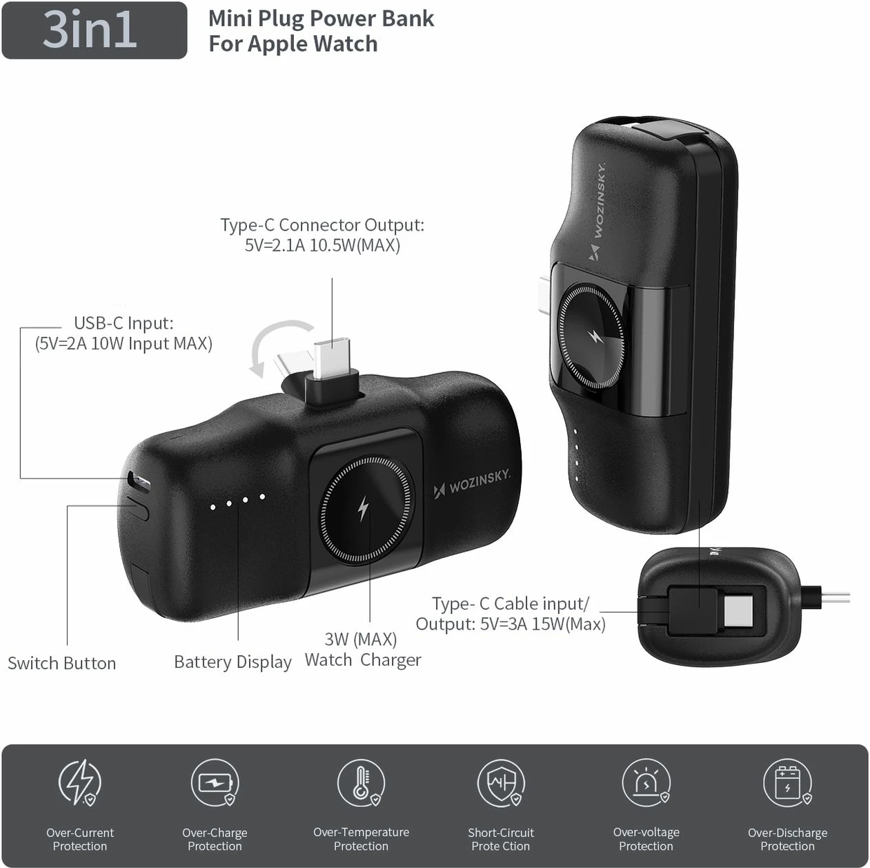 Prenosna baterija Wozinsky WF16-YCS, 5000 mAh, USB-C, z vgrajenim kablom in polnilcem za Apple Watch, črna