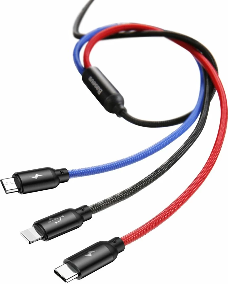 Kabel 3-v-1 v treh osnovnih barvah, Baseus Three Primary Colors CAMLT-BSY01, 1,2 m, USB-A na micro USB/Lightning/USB-C, črn/rdeč/moder