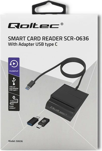 Čitalec čip kartic Qoltec SCR-0636, USB Type C, črn