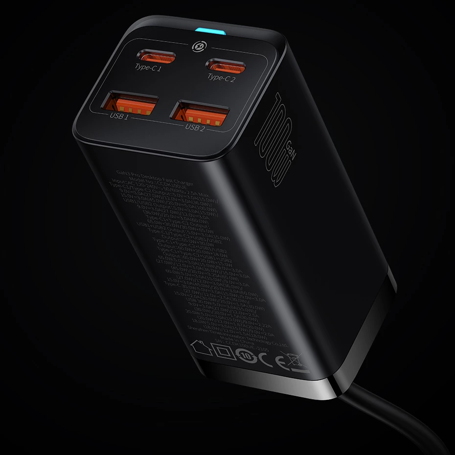 Univerzalni polnilec Baseus GaN3 Pro, 100 W, 2x USB-C, 2x USB-A, črn
