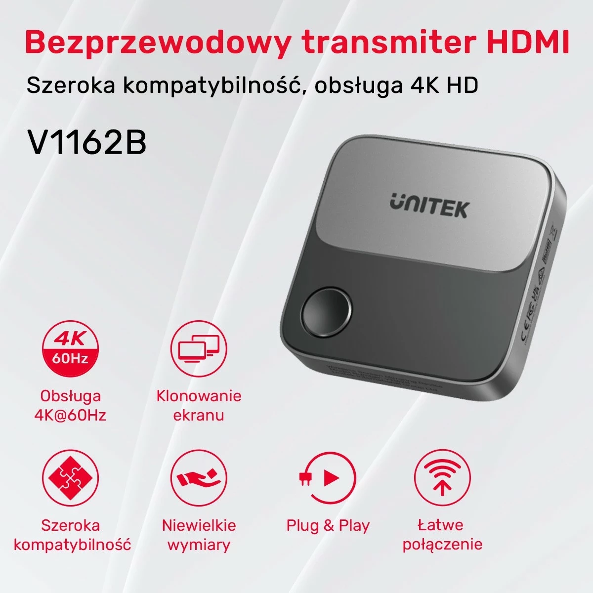 Brezžični HDMI oddajnik Unitek, 4K 60Hz, črno-siv