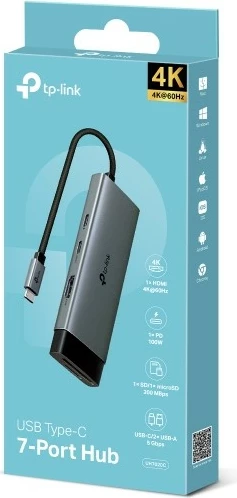USB razširitveni hub, TP-Link UH7020C, 7 vrat, HDMI, USB 3.2, Type-C, čitalnik kartic, srebrn