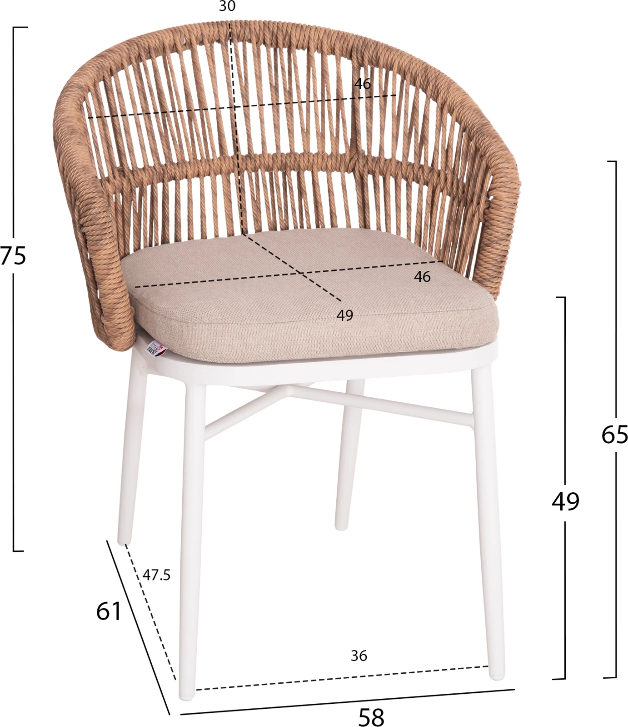 Aluminijast stol ALABAMA FH6265.02, bel - P.E. ratan naraven - bež blazina 58x61x75 H cm