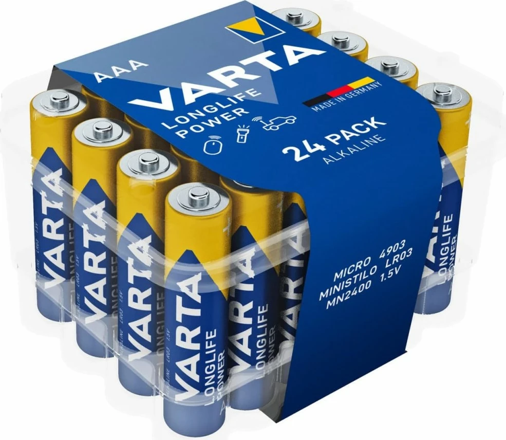 Alkalijske AAA baterije Varta Longlife Power, 24 kosa, modro/rumene, premium embalaža