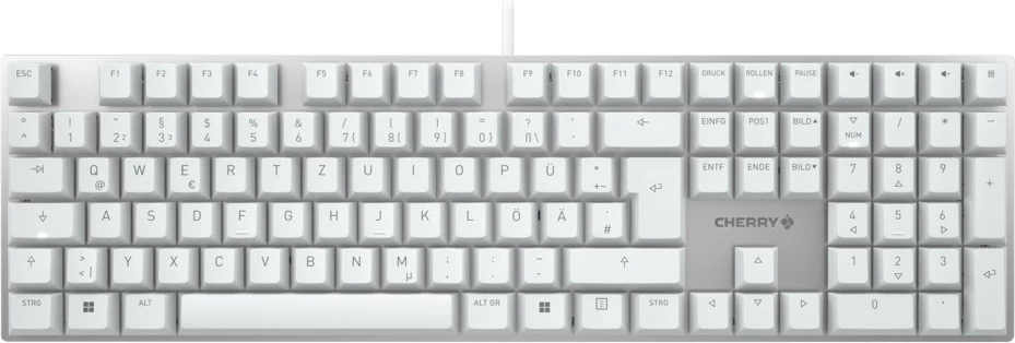Mekančna tipkovnica Cherry KC 200 MX, polna velikost, ožičena, USB, QWERTZ, srebrna, bela