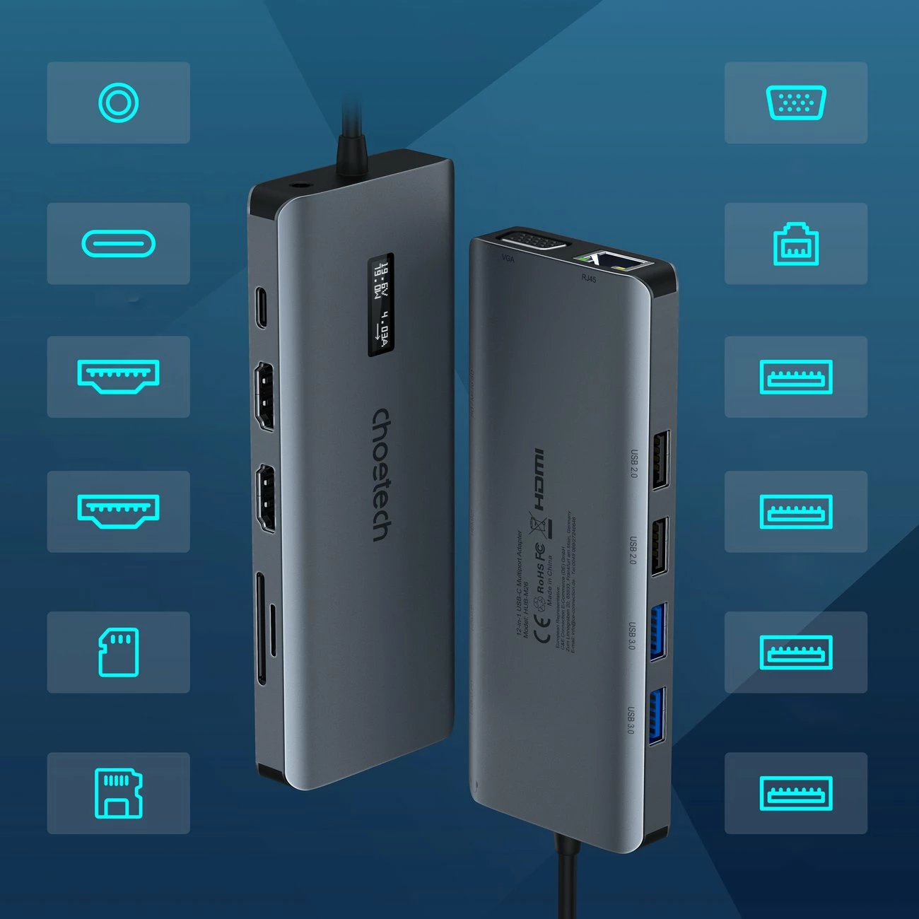 Multifunkcijski hub Choetech HUB-M26, 12-v-1, USB-C, HDMI, VGA, RJ45, siva