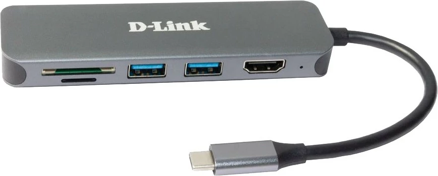USB-C razširitveni hub, 6-v-1 D-Link DUB-2327, HDMI, SD/microSD, 60W, siv
