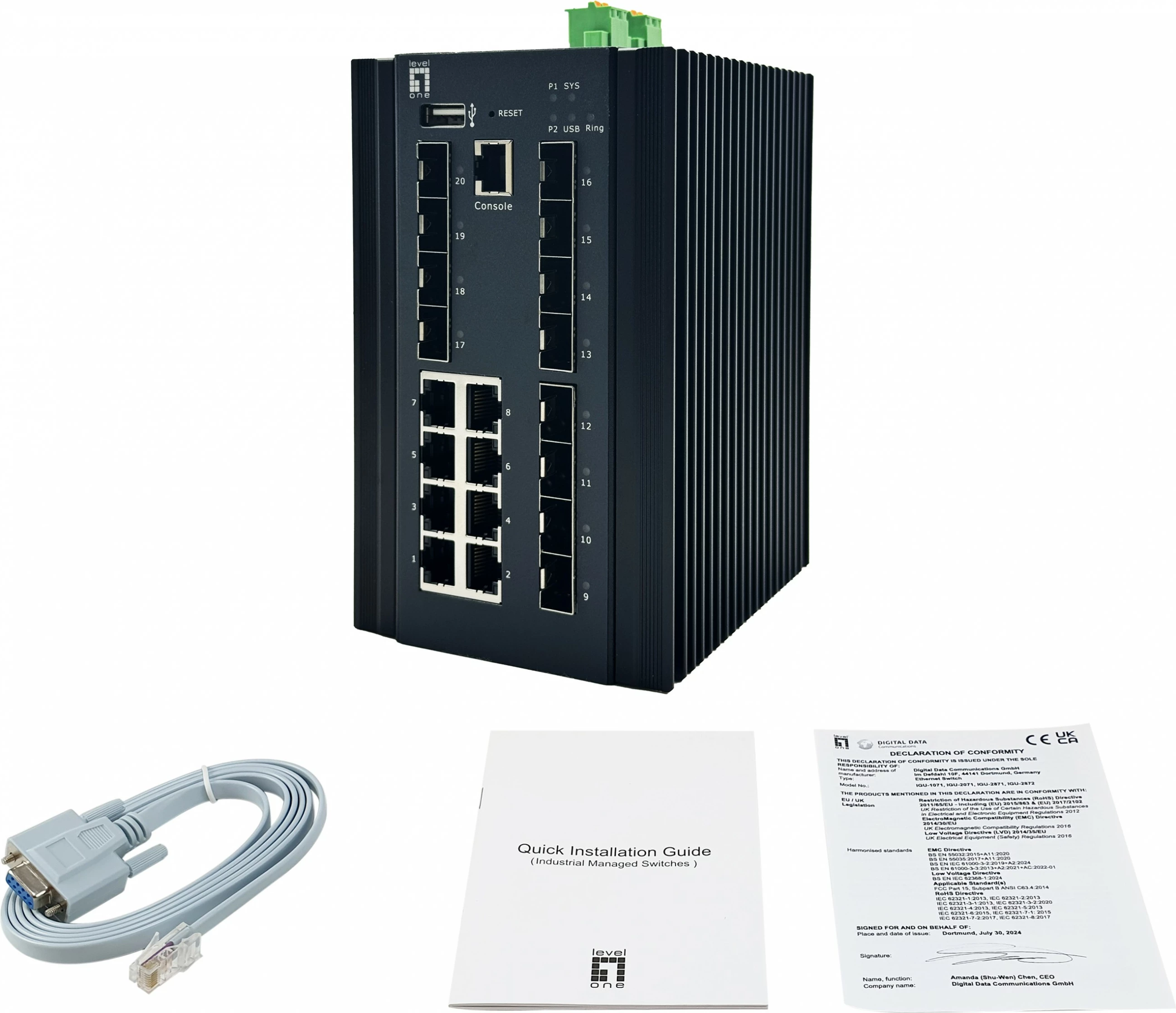 Industrijski preklopnik LevelOne IGX-2072, 20 vrat, L2+ upravljan, 8x RJ45, 8x SFP, 4x SFP+, DIN-rail, črn
