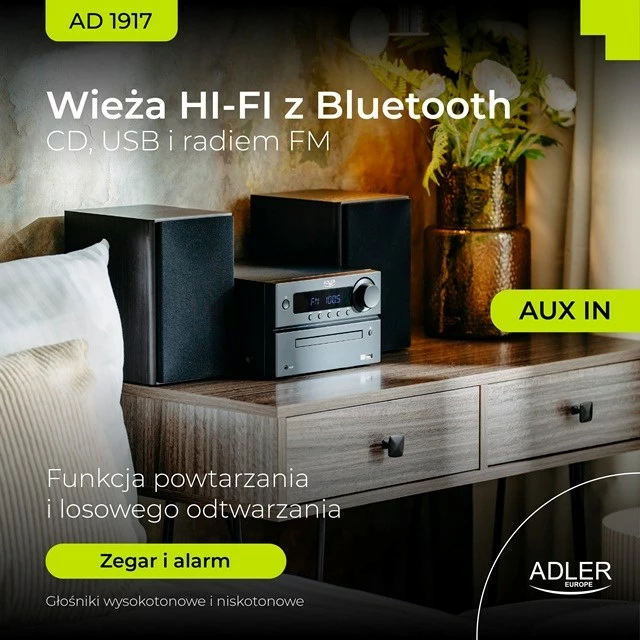 Mini stolp HI-FI z Bluetooth, CD, USB, FM radio, Adler AD 1917, črn