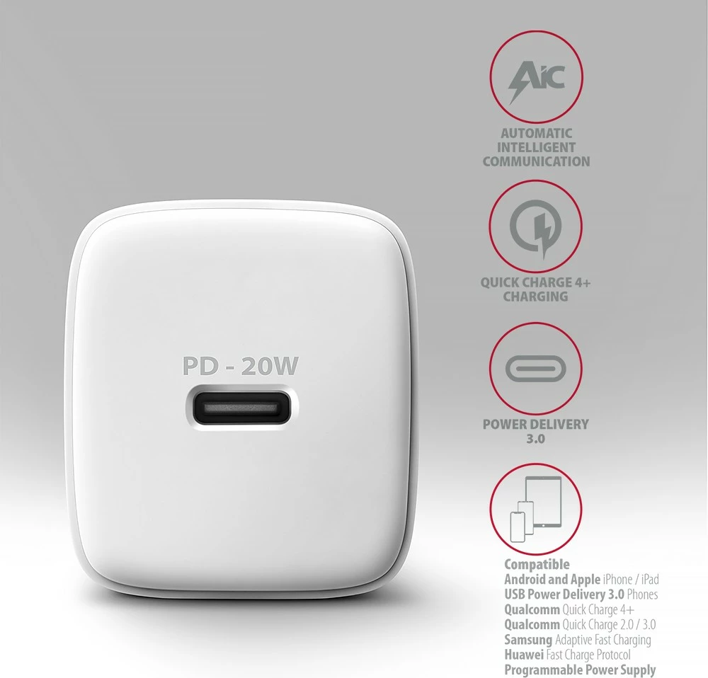 Hitri stenski polnilec AXAGON ACU-PD20W, PD 20W, 1x USB-C, PD 3.0/QC4+/QC3.0/AFC/FCP/PPS, za pametni telefon in tablico, bel