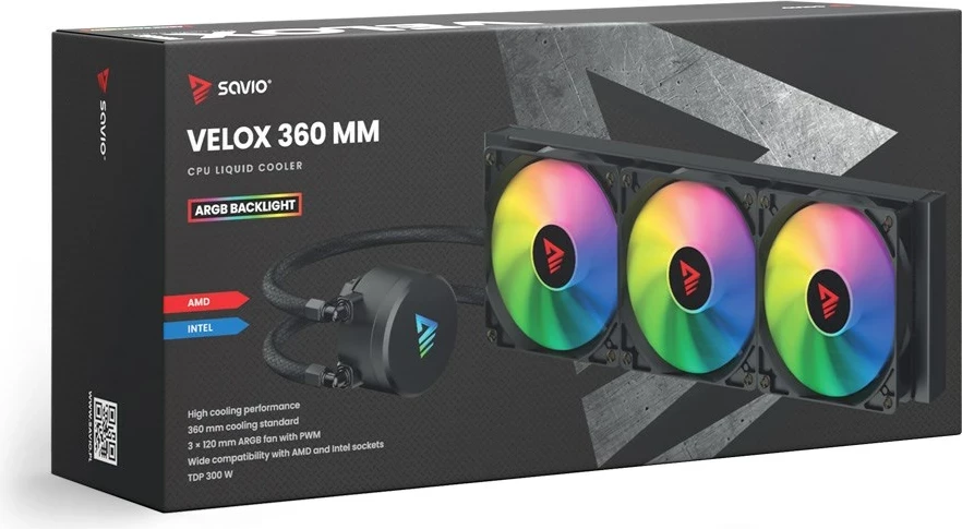 Hladilni sistem za procesor SAVIO VELOX 360 mm, All-in-one tekočinski hladilnik, aluminij, RGB, črn