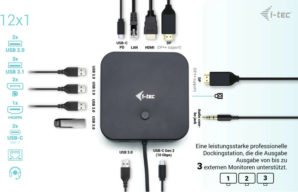 Docking postaja USB-C z HDMI, dvema DisplayPort, 100 W, 3× 4K, 10 Gbps, črna — I-Tec