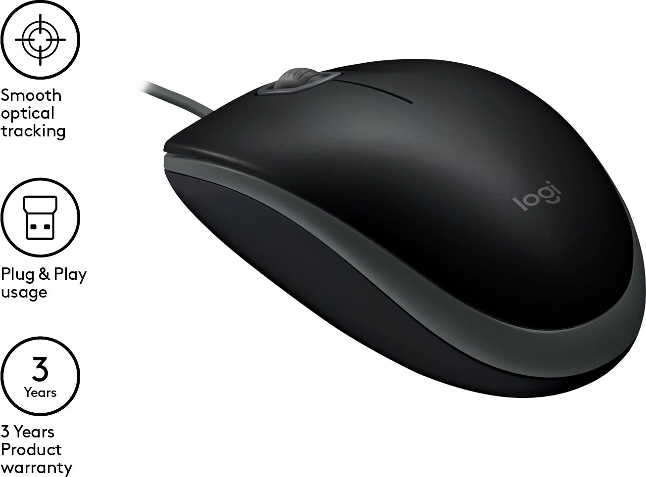 Optični miš, tiha Logitech M110, ambidekstralna, USB Type-A, 1000 DPI, črn