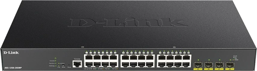 Upravljano stikalo DGS-1250-28XMP/E D-Link, 24x 1G PoE+, 4x 10G SFP+, L2/L3 Lite, rack, konzolni RJ-45 port