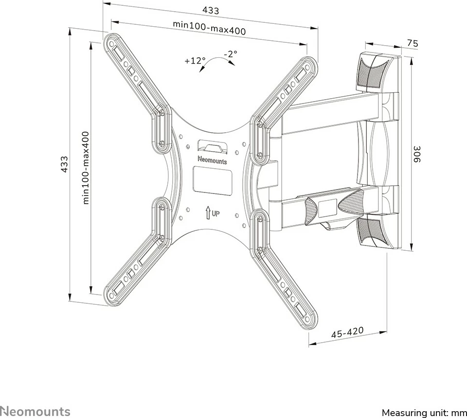 Stenski nosilec za TV Newstar Neomounts WL40-550BL14, polni premik, 32-55 in, VESA 400x400, črn