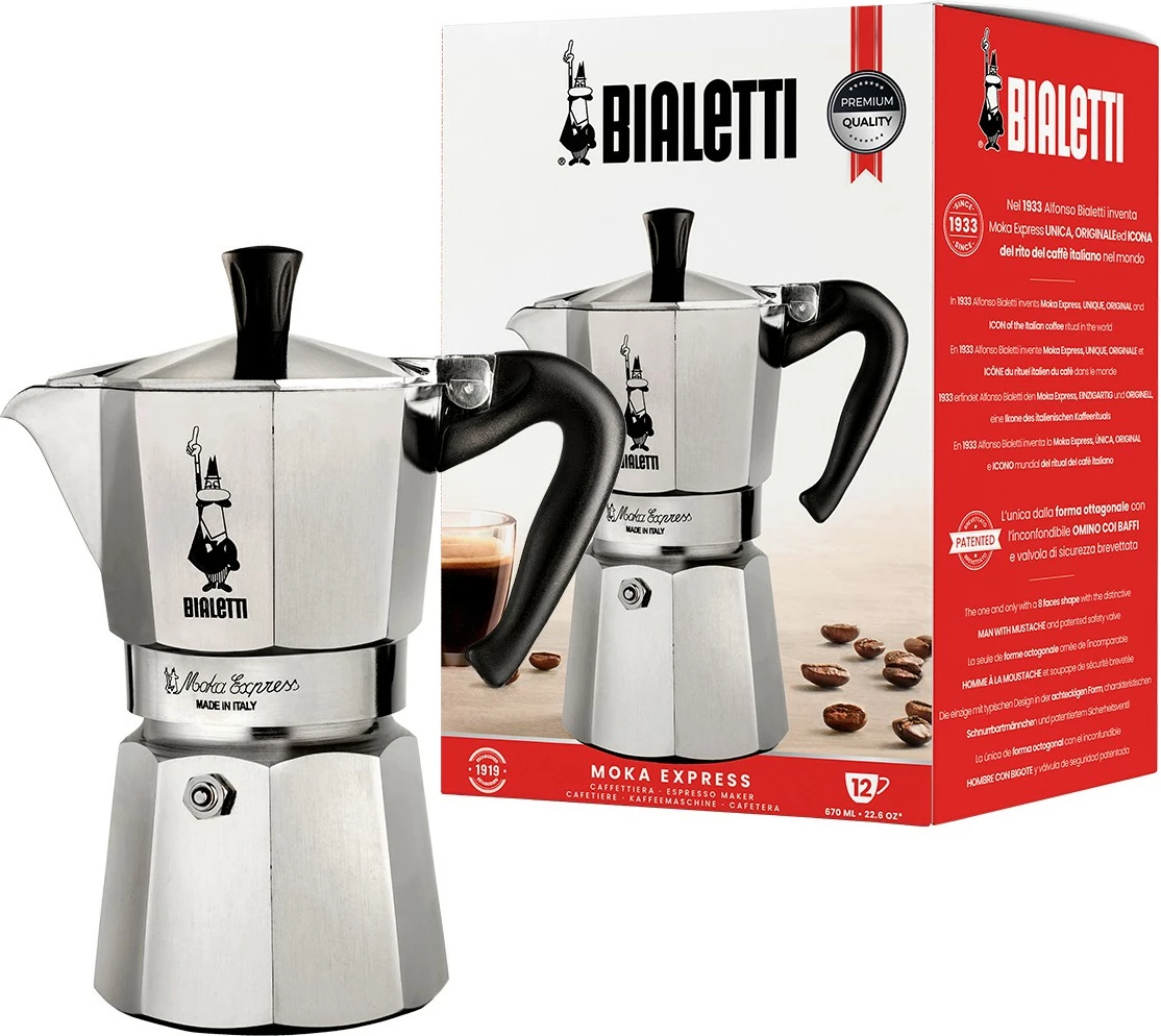 Kavni grelnik Bialetti Moka Express, 0,775 L, 12 skodelic, alumin, črn