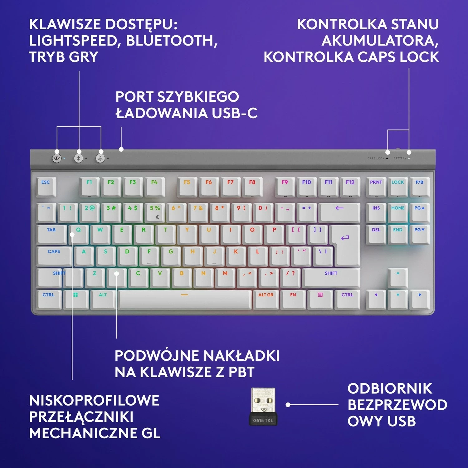 Mehanska tipkovnica Logitech G515 TKL Lightspeed, RGB, brezžična/žična, bela